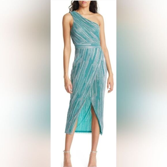 Saylor Alorna One-Shoulder Metallic Green Midi Dress NWOT size Large - Picture 1 of 5